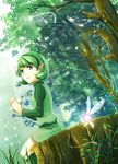  blue_eyes boots dutch_angle fairy forest grass green_hair green_hairband hairband ichimoku_(373117) instrument long_sleeves nature ocarina parted_lips pointy_ears saria short_hair shorts sitting sitting_on_tree_stump solo the_legend_of_zelda the_legend_of_zelda:_ocarina_of_time tree tree_stump 