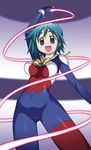  :d allenby_beardsley beam_ribbon blue_bodysuit blue_eyes bodysuit bow breasts covered_navel cowboy_shot g_gundam green_hair gundam holding holding_weapon large_breasts looking_at_viewer multicolored multicolored_bodysuit multicolored_clothes open_mouth pose red_bodysuit short_hair skin_tight smile solo standing weapon whip yellow_bow yuuki_shin'ichi 