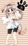  :d animal_ears barefoot bike_shorts blue_eyes bone dog_ears dog_tail fang hairband long_hair nekono_osero open_mouth original paw_print pigeon-toed pink_hair smile solo striped striped_background tail 