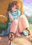  ancient_ys_vanished blue_eyes blue_skirt brown_hair lilia_(ys) mikazuki_akira! short_hair sitting skirt solo ys 