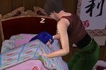  1girl bed blue_hair brown_hair furude_rika higurashi_no_naku_koro_ni long_hair lowres lying maebara_keiichi screencap sleeping the_sims 