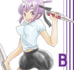  :d black_footwear breasts dual_wielding gensou_suikoden gensou_suikoden_v headband holding knife large_breasts looking_at_viewer lowres miakis navel open_mouth puffy_shorts purple_eyes purple_hair shirt shoes shorts smile solo weapon white_shirt 