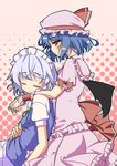  bat_wings blue_hair bow braid closed_eyes hair_bow halftone halftone_background hands_on_shoulders hat izayoi_sakuya lavender_hair maid maid_headdress multiple_girls red_eyes remilia_scarlet ribbon short_hair silver_hair tachibana_(tach011194) touhou twin_braids wings wrist_cuffs 