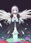  asa_(swallowtail) cross-laced_clothes gothic_lolita hairband juliet_sleeves lolita_fashion lolita_hairband long_sleeves looking_at_viewer puffy_sleeves red_eyes rozen_maiden silver_hair solo suigintou thighhighs wading water white_legwear wings zettai_ryouiki 