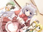  animal_ears bell blonde_hair blue_eyes blush cat cat_ears cat_tail closed_eyes green_hair hair_ribbon jingle_bell kareha long_hair maid maid_headdress multiple_girls nishimata_aoi official_art open_mouth pointy_ears primula ribbon shigure_asa short_hair shuffle! silver_hair stuffed_animal stuffed_cat stuffed_toy suzuhira_hiro tail tail_bell 