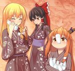  :t alternate_costume bad_id bad_pixiv_id black_hair blonde_hair bottle bow braid closed_eyes drinking hair_bow hair_tubes hakurei_reimu horn_ribbon horns ibuki_suika japanese_clothes ket-c kimono kirisame_marisa long_hair milk multiple_girls orange_hair puffy_cheeks ribbon side_braid touhou yellow_eyes yukata 