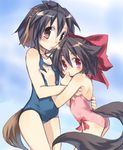  animal_ears ass black_hair blush brown_eyes child fang flat_chest hair_ribbon multiple_girls one-piece_swimsuit original red_eyes ribbon school_swimsuit short_hair swimsuit tail toba_hiyoko 