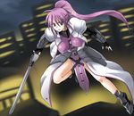  armor blue_eyes breasts cityscape fingerless_gloves gloves large_breasts levantine long_hair lyrical_nanoha mahou_shoujo_lyrical_nanoha mahou_shoujo_lyrical_nanoha_a's mahou_shoujo_lyrical_nanoha_strikers ment pink_hair ponytail signum solo sword weapon 