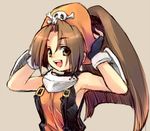  armpits brown_eyes brown_hair face gloves guilty_gear hat long_hair may_(guilty_gear) orange_hat orange_shirt pirate shirt skull_and_crossbones smile solo wanko_(takohati8) 