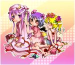  alternate_hairstyle barefoot blush child flandre_scarlet flower hair_flower hair_ornament hair_ribbon hairdressing koro_(artist) multiple_girls patchouli_knowledge ponytail remilia_scarlet ribbon touhou 