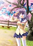  blush cherry_blossoms clannad fujibayashi_kyou highres hikarizaka_private_high_school_uniform otoki_raku purple_eyes purple_hair salute school_uniform solo thighhighs 