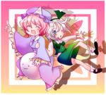  :3 blush chibi closed_eyes dress frilled_dress frilled_sleeves frills green_eyes green_skirt hair_ribbon hairband hat hitodama index_finger_raised konpaku_youmu konpaku_youmu_(ghost) koro_(artist) long_sleeves multiple_girls one_eye_closed open_mouth pink_hair ribbon saigyouji_yuyuko shoes short_hair silver_hair skirt smile socks touhou triangular_headpiece 