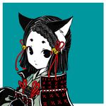  animal_ears aqua_background armor bell black_eyes black_hair border cat_ears eyeliner hikimayu japanese_armor japanese_clothes kintaro kote makeup original samurai short_eyebrows short_hair shoulder_armor simple_background sode solo white_skin 