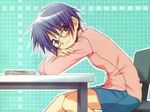  aoki_ume blue_eyes blue_hair blue_skirt chair crossed_arms glasses hidamari_sketch leaning_forward long_sleeves looking_at_viewer pink_shirt rimless_eyewear sae shirt short_hair simple_background skirt smile solo table wallpaper 