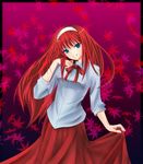  bad_id bad_pixiv_id blue_eyes hairband leaf long_hair red_hair rico_(pixiv) smile solo toono_akiha tsukihime vermillion_akiha white_hairband 