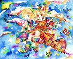  blonde_hair blue_eyes braid broom broom_riding capelet flandre_scarlet gift hat highres kirisame_marisa legomaru multiple_girls one_eye_closed ponytail red_eyes sack short_hair star touhou traditional_media watercolor_(medium) wings witch_hat 