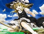  blonde_hair braid broom broom_riding flying hands hat kirisame_marisa poncho_(poncho) smile solo touhou witch_hat yellow_eyes 