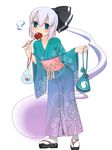  aqua_eyes black_hairband blue_kimono blush candy_apple clog_sandals food hair_ribbon hairband japanese_clothes kimono kinchaku konpaku_youmu konpaku_youmu_(ghost) muku_(muku-coffee) multicolored multicolored_clothes multicolored_kimono obi pouch print_kimono purple_kimono ribbon sash short_hair silver_hair simple_background solo tabi touhou yukata 