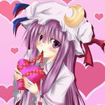  blush box chocolate crescent hat heart heart-shaped_box long_hair mouth_hold patchouli_knowledge purple_hair ram_hachimin solo touhou valentine 