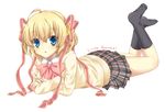  :o bad_id bad_pixiv_id blonde_hair blue_eyes bow cardigan crossed_arms etou_(cherry7) feet hair_ornament hair_ribbon kamikita_komari legs little_busters! lying miniskirt on_stomach pink_bow plaid plaid_skirt pleated_skirt ribbon school_uniform short_hair simple_background skirt sleeves_past_wrists socks solo 