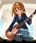  blazer blonde_hair blush brown_eyes brown_hair from_below guitar hair_ornament hairclip hirasawa_yui instrument jacket k-on! miniskirt mouth_hold multicolored_hair pantyhose pink_eyes pleated_skirt ribbon school_uniform shigen short_hair skirt solo standing two-tone_hair 