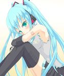  aqua_hair blush hatsune_miku kuro_(be_ok) long_hair sitting solo thighhighs twintails very_long_hair vocaloid zettai_ryouiki 