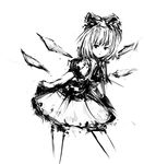  bow cirno greyscale hair_bow hanuu ice monochrome puffy_short_sleeves puffy_sleeves short_hair short_sleeves skirt smile solo touhou white_background wings 