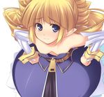 archer_(disgaea) armpits bangs bare_shoulders belt blonde_hair blue_dress blue_eyes breasts brown_belt closed_mouth collarbone detached_sleeves disgaea dress drill_hair embarrassed eyebrows_visible_through_hair from_above frown hands_on_hips long_hair long_sleeves looking_at_viewer looking_up makai_senki_disgaea_2 no_bra pointy_ears raised_eyebrows ribbed_sleeves shimakaze short_pointy_ears sidelocks simple_background small_breasts solo standing strapless strapless_dress twin_drills white_background wrist_cuffs zipper zipper_pull_tab 