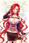  belt breasts choker cleavage copyright_request demmy earrings elbow_gloves fingerless_gloves gloves hand_in_hair jewelry large_breasts lips long_hair purple_eyes red_hair skirt smile solo sword very_long_hair weapon 
