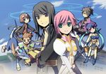  3girls armor black_eyes black_hair blue_hair brown_hair dog estellise_sidos_heurassein flat_chest gloves green_eyes judith karol_capel kiseru long_hair md5_mismatch multiple_boys multiple_girls nobu_(knob) pink_hair pipe pointy_ears polearm purple_eyes raven_(tales) repede rita_mordio scroll short_hair spear tales_of_(series) tales_of_vesperia weapon yuri_lowell 