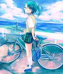  aqua_hair arm_behind_back bag basket bicycle bicycle_basket brown_eyes cloud day full_body glasses ground_vehicle guard_rail holding holding_bag horizon kneehighs looking_at_viewer looking_to_the_side mary_janes ocean original osamu outdoors plaid plaid_skirt ponytail road school_bag school_uniform shirt shoes short_sleeves skirt sky smile solo standing sweater_vest white_legwear white_shirt 