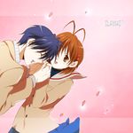  1girl antenna_hair bad_id bad_pixiv_id blue_hair brown_eyes brown_hair cherry_blossoms clannad closed_eyes furukawa_nagisa highres hikarizaka_private_high_school_uniform holding_hands okazaki_tomoya petals school_uniform short_hair yukimitsuki 