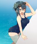  blue_hair breasts brown_eyes cleavage collarbone dated fang goggles goggles_on_head kantai_collection looking_at_viewer medium_breasts nmz_(namazu) no_eyepatch one-piece_swimsuit one_eye_closed open_mouth partially_submerged pool scar scar_across_eye short_hair signature smile solo standing swimsuit tenryuu_(kantai_collection) twitter_username wet 