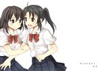  :d arm_hug blush bow english hachiko_(hati12) multiple_girls open_mouth original school_uniform simple_background skirt smile white_background yuri 