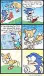  anthro butt canine comic dialog english_text eyes_closed fox fox_tail gloves hedgehog high_five humor mammal miles_prower multiple_tails o_o sega shoes simple_background smile smirk sonic_(series) sonic_the_hedgehog tails text video_games what white_gloves 