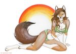  alphabitch anklet barefoot bracelet breasts brown_fur brown_hair canine clothing digitigrade female fluffy_tail fur hair jackal jewelry looking_at_viewer mammal necklace orange_eyes princess royalty smile solo sun traditional_media tribal watercolor white_fur 