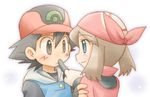  1boy 1girl alternate_costume bandanna baseball_cap black_eyes black_hair blue_sky brown_eyes brown_hair couple fingerless_gloves gloves green_eyes haruka_(pokemon) hat jacket long_hair lowres nintendo pokemon pokemon_(anime) satoshi_(pokemon) short_hair sky smile spiked_hair twintails 