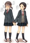  ? black_hair blazer blush brown_eyes brown_hair hachiko_(hati12) holding_hands jacket kneehighs long_sleeves looking_at_another looking_away multiple_girls necktie original ponytail red_neckwear school_uniform shoes short_hair simple_background skirt speech_bubble spoken_question_mark standing sweater_vest translated uwabaki white_background yuri 