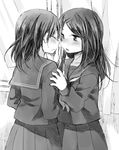  blush closed_eyes greyscale hachiko_(hati12) hand_on_another's_face imminent_kiss long_hair monochrome multiple_girls original school_uniform serafuku yuri 