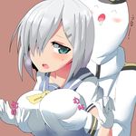  1girl ^_^ ^o^ admiral_(kantai_collection) blue_eyes blush breast_grab breasts brown_background closed_eyes collarbone grabbing grabbing_from_behind hair_ornament hair_over_one_eye hairclip hamakaze_(kantai_collection) highres kantai_collection kuromu_(underporno) large_breasts long_sleeves looking_back military military_uniform naval_uniform saliva school_uniform serafuku short_hair silver_hair simple_background surprised_arms uniform upper_body white_skin 