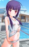  1girl ahoge blush hair hair_ribbon highres kinoshita_ringo_(no-rin) long looking_at_viewer midriff mound_of_venus navel nipples no-rin pink_eyes pool purple_hair ribbon rokushaku_neko school_swimsuit school_swimsuit_flap see-through small_breasts solo sukumizu_flap swimsuit swimsuit_pull twintails undressing 