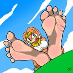 anthro big_feet black_nose blue_eyes breasts cloud echidna female foot_focus gold grass jewelry midriff perspective plantigrade pose sega sitting sky smile soles solo sonic_(series) tikal tikal_the_echidna toes tongue tongue_out zp92 