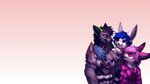  blue_eyes blue_hair canine clothing eye_contact eyes_closed eyewear falvie fur glasses green_eyes grey_fur hair hug lagomorph male mammal pink_fur pink_hair purple_eyes rabbit shirt wolf 