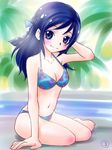  bikini blue_eyes blue_hair dokidoki!_precure half_updo highres hishikawa_rikka long_hair precure ruriruri sitting solo swimsuit yokozuwari 