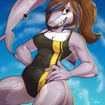  clothed clothing female fish fivel furry-specific_piercing hand_on_hip marine piercing shark solo standing swimsuit tail_piercing 