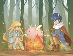  1girl blonde_hair blue_hair bonfire campfire cape commentary cooking crying dress fire forest gloves heart horn long_hair nature pig pixiv_fantasia pixiv_fantasia_fallen_kings roasting rotisserie scarf short_hair smile sweatdrop sword symbol-shaped_pupils tree weapon winged_pig wings x_x 
