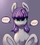  dialog english_text equine female feral friendship_is_magic fur green_eyes grey_fur hair hooves horse looking_at_viewer mammal maud_pie_(mlp) my_little_pony plain_background pony purple_hair severus solo text 