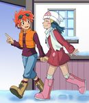  2girls beanie black_eyes blue_hair blush boots coat couple eyes_closed female footprints friends hair_ornament hand_holding happy hat hikari_(pokemon) hikari_(pokemon_platinum) jewelry knee_boots legs long_hair long_sleeves looking_at_another multiple_girls necklace nintendo nozomi_(pokemon) nyarths3 pants pendant pointing pokemon pokemon_(anime) pokemon_(game) pokemon_dppt red_hair scarf short_hair smile snow sunglasses sunglasses_on_head sweater vest walking white_scarf window winter yuri 