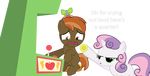  bronybyexception brown_fur brown_hair button_mash_(mlp) crying duo english_text equine female friendship_is_magic fruit fur game green_eyes hair hat hi_res horn horse male mammal money my_little_pony open_mouth pony purple_hair sweetie_belle_(mlp) tails tears text two_tone_hair unicorn white_fur 