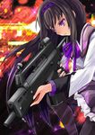  aiming akemi_homura assault_rifle black_hair g36c gun hairband long_hair magical_girl mahou_shoujo_madoka_magica pantyhose purple_eyes ribbon rifle solo weapon yamasan_(hachiman) 